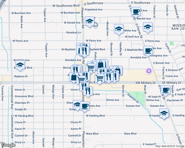 map of restaurants, bars, coffee shops, grocery stores, and more near 735 Southwest Military Drive in San Antonio