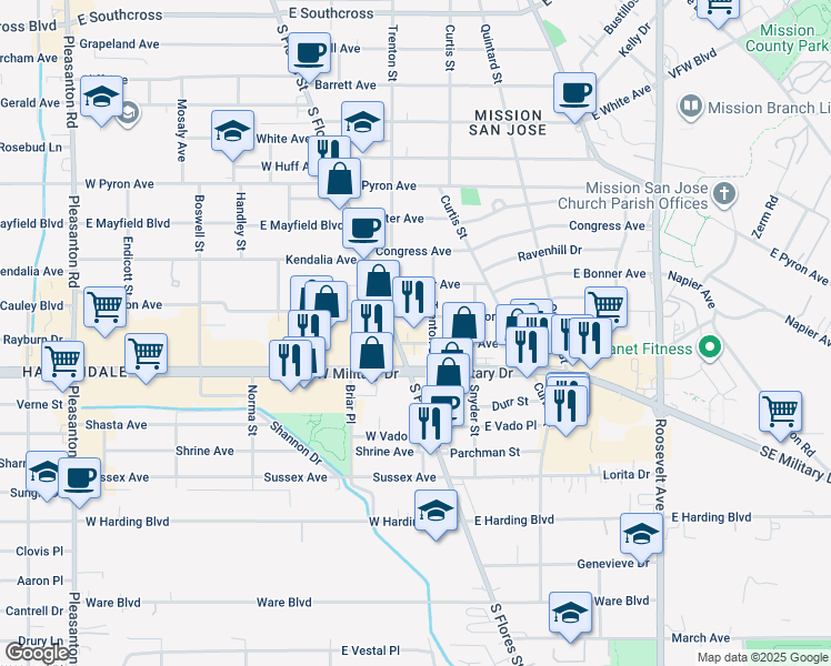 map of restaurants, bars, coffee shops, grocery stores, and more near 201 Crane Avenue in San Antonio