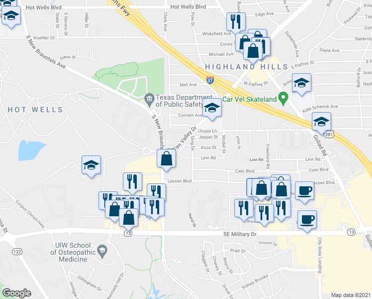 map of restaurants, bars, coffee shops, grocery stores, and more near 6840 Pecan Valley Drive in San Antonio