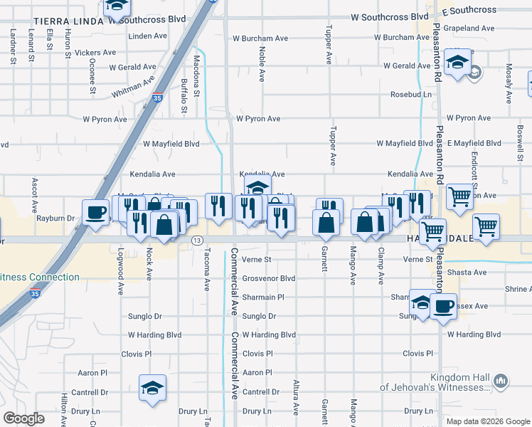 map of restaurants, bars, coffee shops, grocery stores, and more near 635 Rayburn Drive in San Antonio