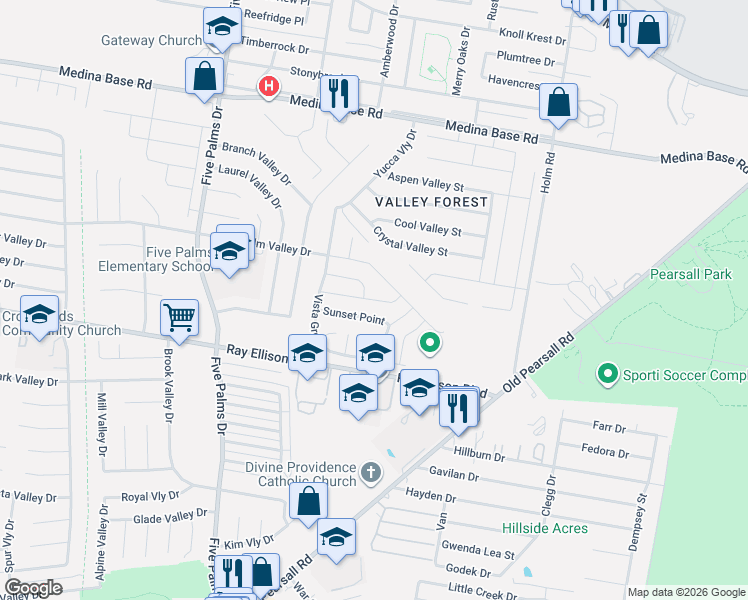 map of restaurants, bars, coffee shops, grocery stores, and more near 5715 Sunset Point in San Antonio