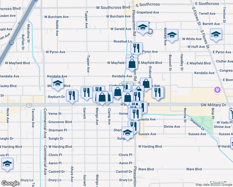 map of restaurants, bars, coffee shops, grocery stores, and more near 213 Rayburn Drive in San Antonio