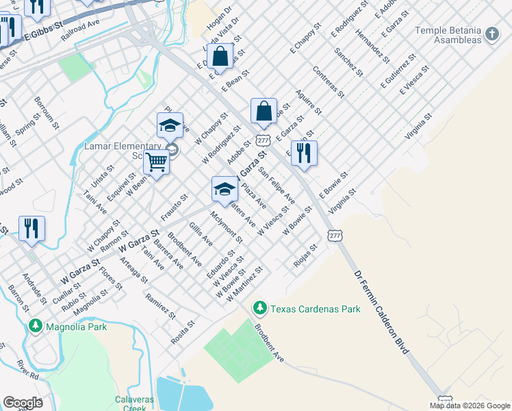 map of restaurants, bars, coffee shops, grocery stores, and more near 807 Plaza Avenue in Del Rio