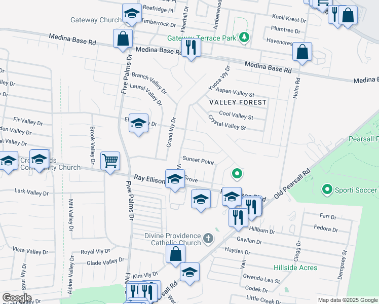 map of restaurants, bars, coffee shops, grocery stores, and more near 5743 Sunset Point in San Antonio
