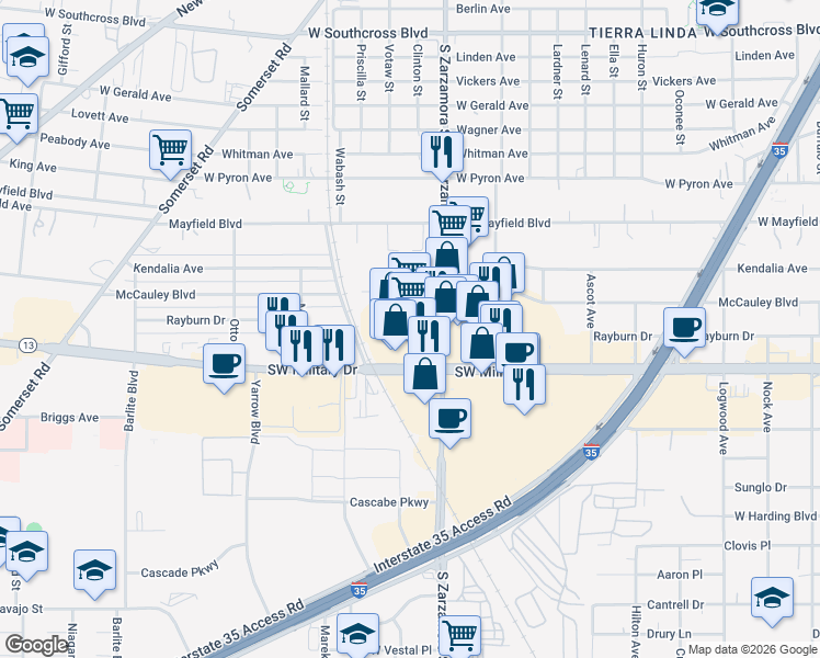 map of restaurants, bars, coffee shops, grocery stores, and more near 2535 Southwest Military Drive in San Antonio