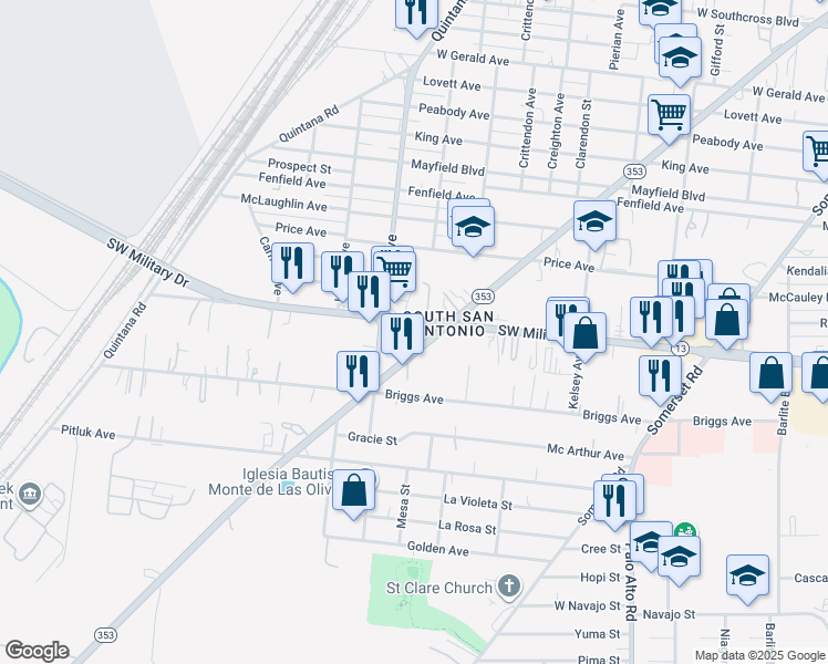 map of restaurants, bars, coffee shops, grocery stores, and more near 3618 Southwest Military Drive in San Antonio
