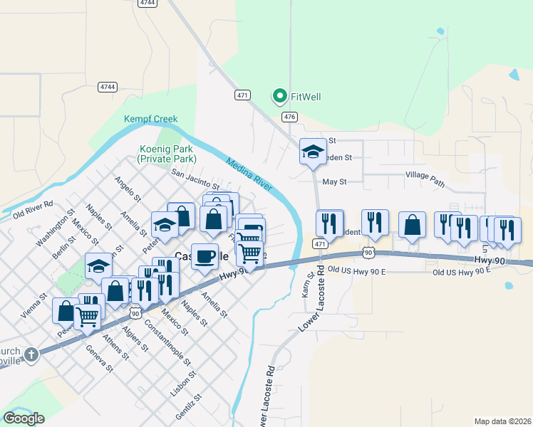 map of restaurants, bars, coffee shops, grocery stores, and more near 1205 Alamo Street in Castroville