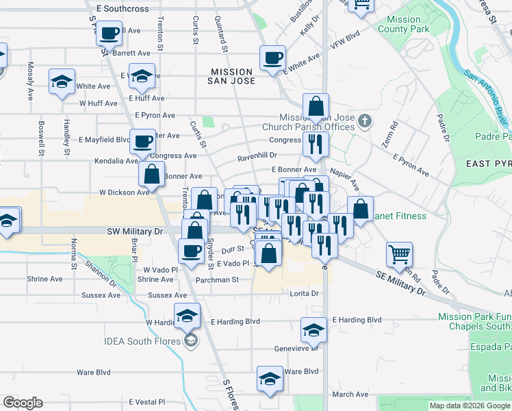 map of restaurants, bars, coffee shops, grocery stores, and more near 426 Crane Ave in San Antonio