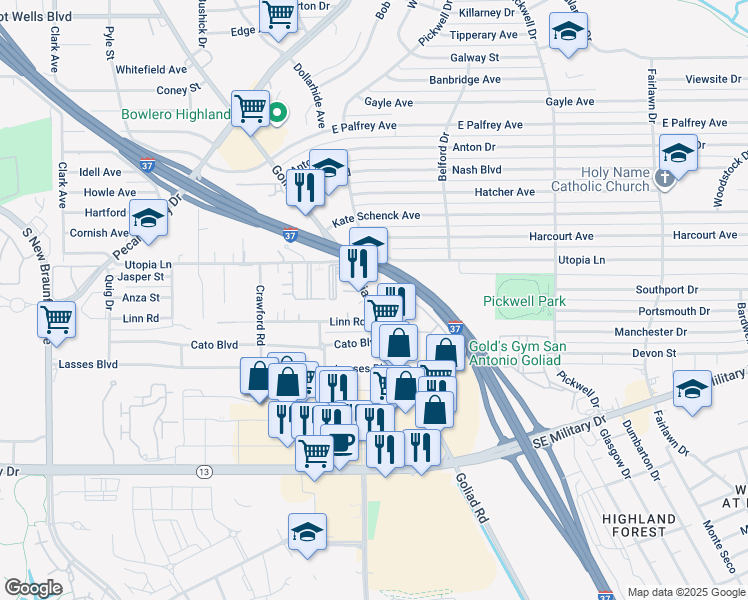 map of restaurants, bars, coffee shops, grocery stores, and more near 2542 Goliad Road in San Antonio