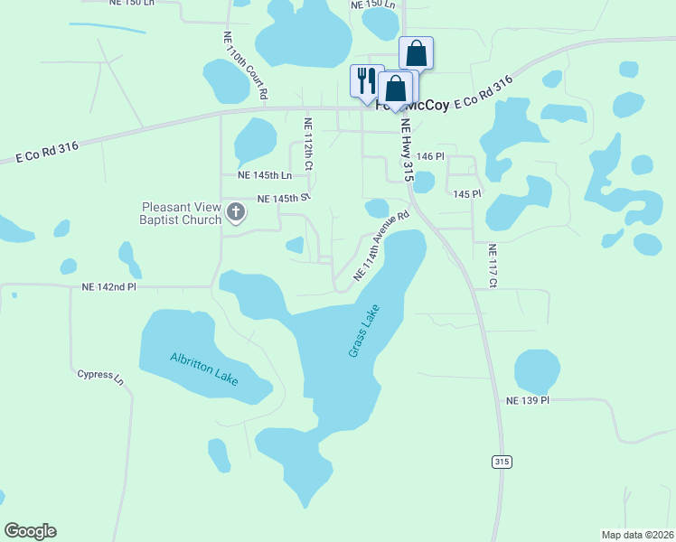 map of restaurants, bars, coffee shops, grocery stores, and more near 14300 Northeast 113 Terrace in Fort McCoy