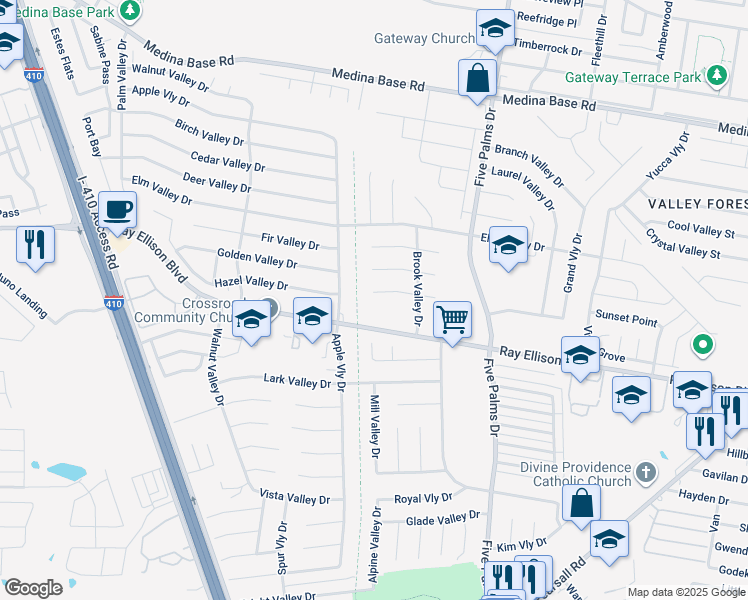 map of restaurants, bars, coffee shops, grocery stores, and more near 6034 Hazel Valley Drive in San Antonio