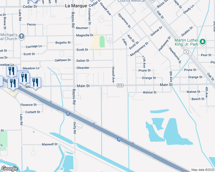 map of restaurants, bars, coffee shops, grocery stores, and more near 1509 Main Street in La Marque