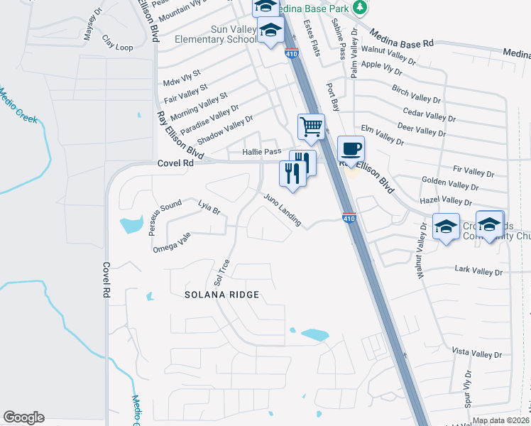map of restaurants, bars, coffee shops, grocery stores, and more near 7314 Nebula Valley in San Antonio