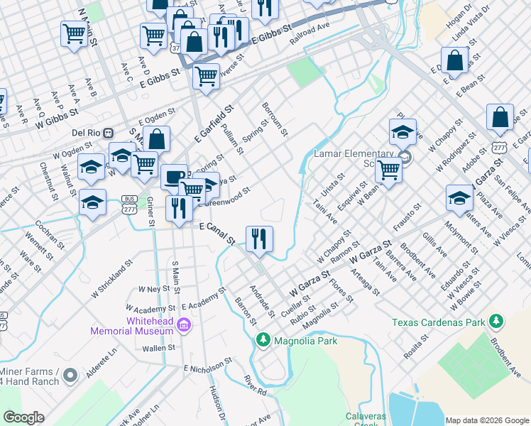 map of restaurants, bars, coffee shops, grocery stores, and more near 18 Meadow Lane in Del Rio
