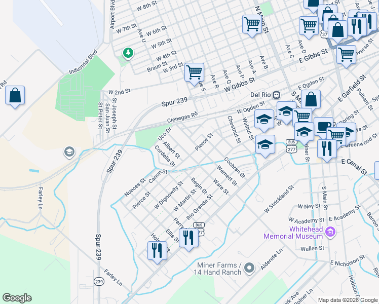 map of restaurants, bars, coffee shops, grocery stores, and more near 904 Pierce Street in Del Rio