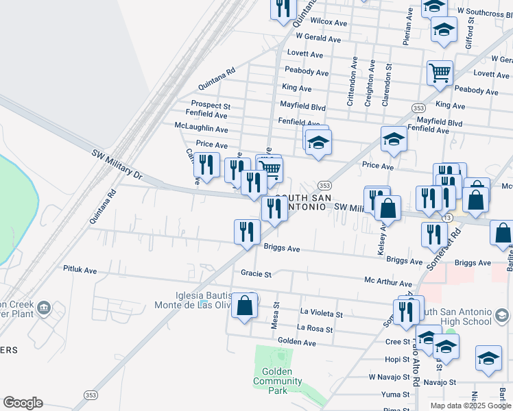 map of restaurants, bars, coffee shops, grocery stores, and more near 3702 Southwest Military Drive in San Antonio