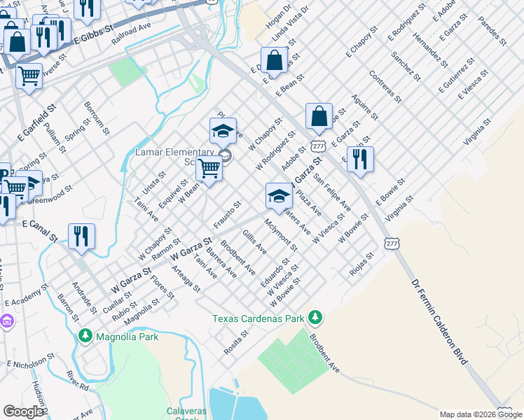 map of restaurants, bars, coffee shops, grocery stores, and more near 1202 West Garza Street in Del Rio