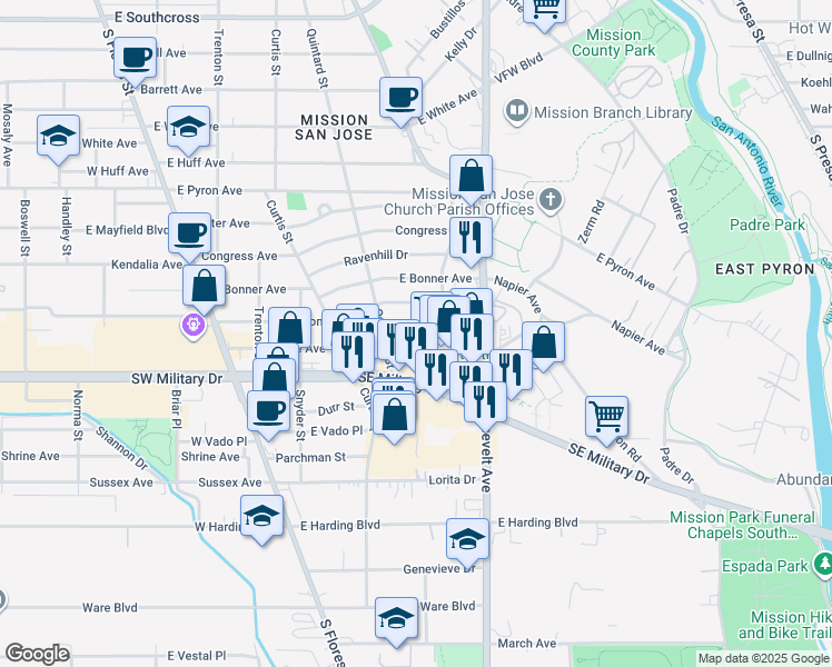 map of restaurants, bars, coffee shops, grocery stores, and more near 526 Crane Avenue in San Antonio