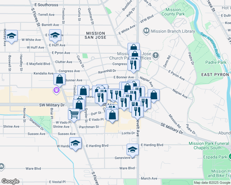 map of restaurants, bars, coffee shops, grocery stores, and more near 526 Crane Avenue in San Antonio