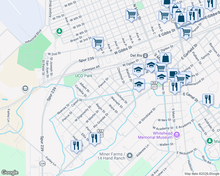 map of restaurants, bars, coffee shops, grocery stores, and more near 301 Cochran Street in Del Rio