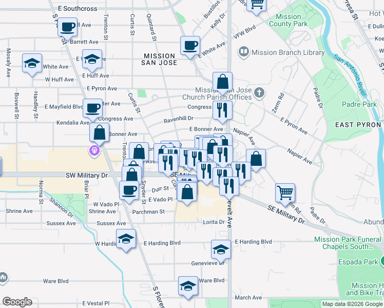 map of restaurants, bars, coffee shops, grocery stores, and more near 526 Crane Avenue in San Antonio