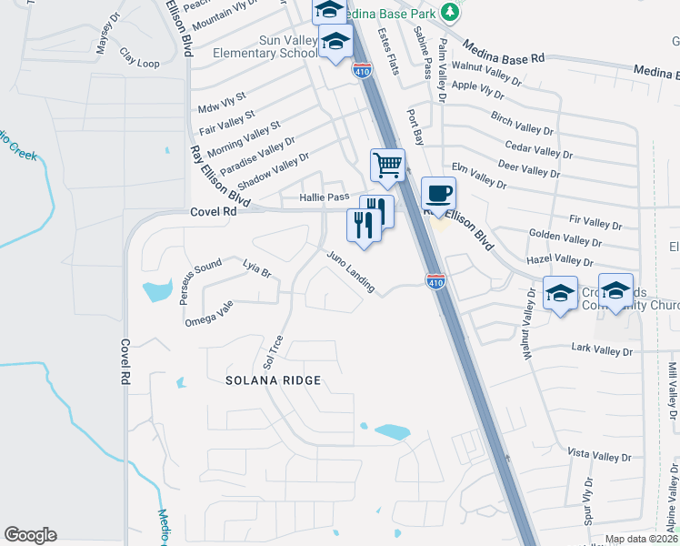 map of restaurants, bars, coffee shops, grocery stores, and more near 7314 Nebula Valley in San Antonio
