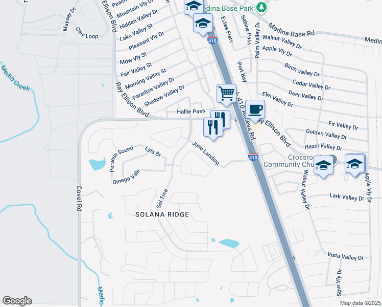 map of restaurants, bars, coffee shops, grocery stores, and more near 7314 Nebula Valley in San Antonio