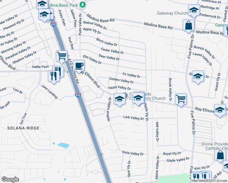 map of restaurants, bars, coffee shops, grocery stores, and more near 7410 Hazel Valley Drive in San Antonio