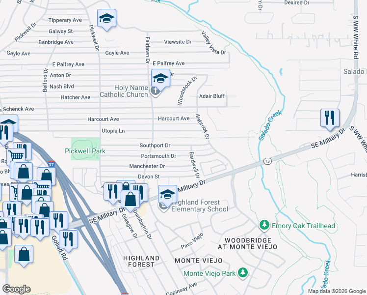 map of restaurants, bars, coffee shops, grocery stores, and more near 3911 Portsmouth Drive in San Antonio