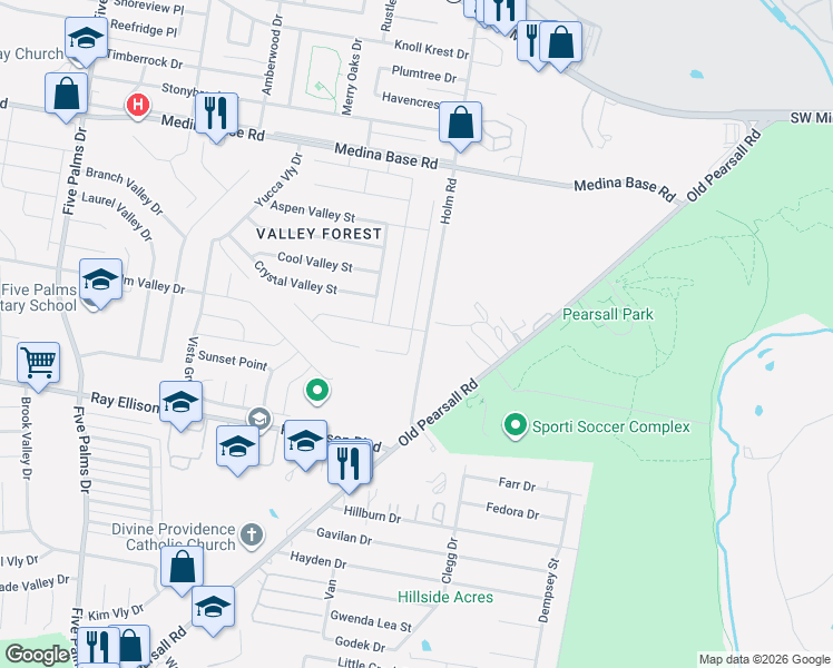 map of restaurants, bars, coffee shops, grocery stores, and more near 7001-7363 Holm Road in San Antonio