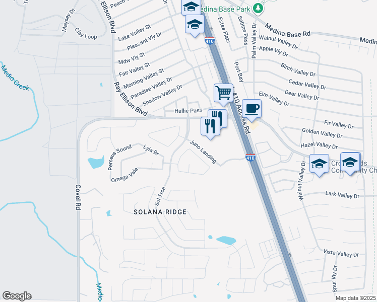map of restaurants, bars, coffee shops, grocery stores, and more near 7314 Nebula Valley in San Antonio