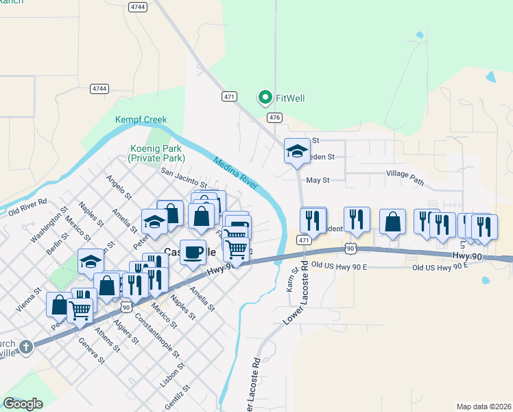 map of restaurants, bars, coffee shops, grocery stores, and more near 1205 Alamo Street in Castroville