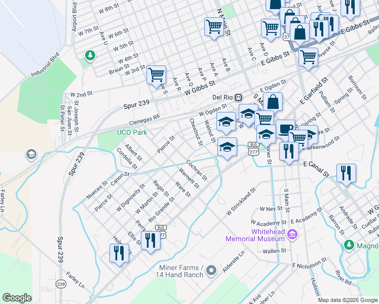 map of restaurants, bars, coffee shops, grocery stores, and more near 600-618 West Martin Street in Del Rio