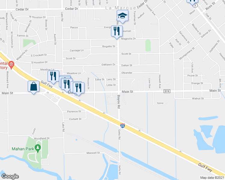 map of restaurants, bars, coffee shops, grocery stores, and more near 1906 Main Street in La Marque