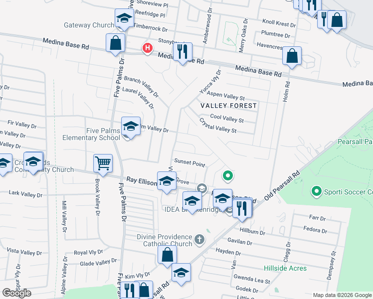 map of restaurants, bars, coffee shops, grocery stores, and more near 5743 Sunset Point in San Antonio