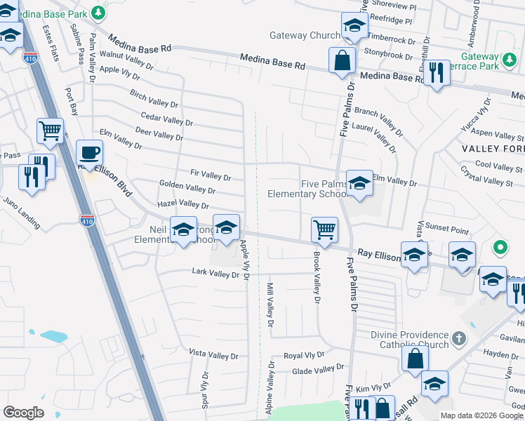 map of restaurants, bars, coffee shops, grocery stores, and more near 6034 Hazel Valley Drive in San Antonio