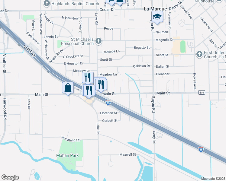 map of restaurants, bars, coffee shops, grocery stores, and more near 2309 Main Street in La Marque