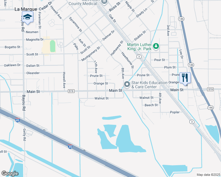 map of restaurants, bars, coffee shops, grocery stores, and more near 916 Farm to Market 519 in La Marque