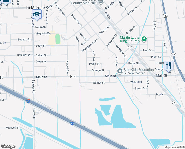 map of restaurants, bars, coffee shops, grocery stores, and more near 1117 Main Street in La Marque