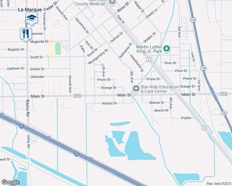 map of restaurants, bars, coffee shops, grocery stores, and more near 916 Farm to Market 519 in La Marque
