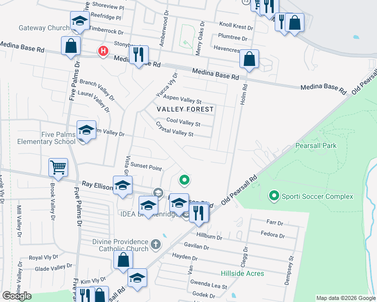map of restaurants, bars, coffee shops, grocery stores, and more near 5514 Crystal Valley Drive in San Antonio