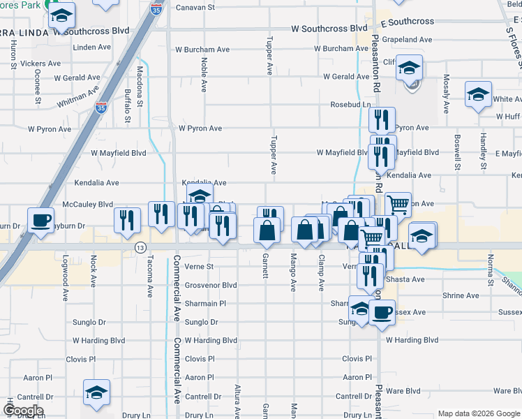 map of restaurants, bars, coffee shops, grocery stores, and more near 503 Rayburn Drive in San Antonio