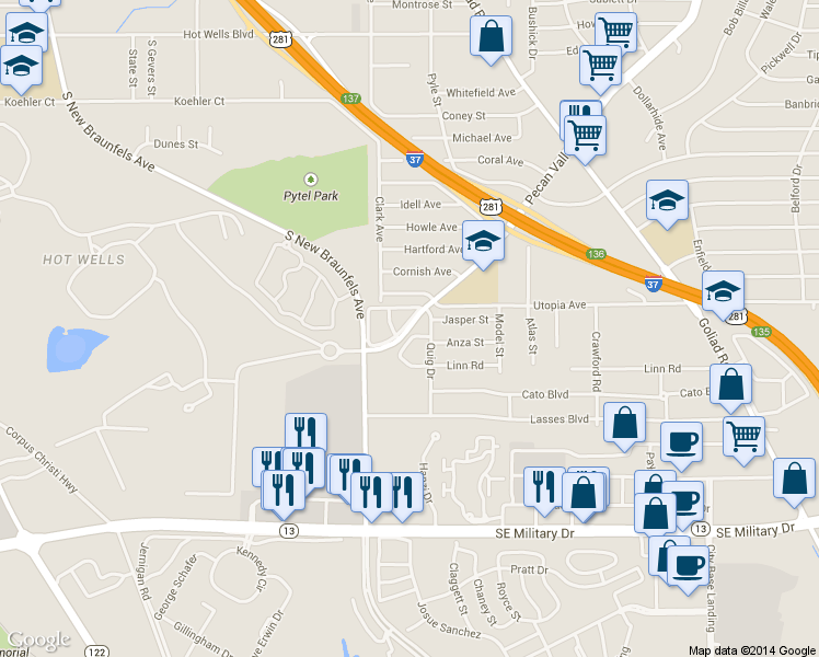 map of restaurants, bars, coffee shops, grocery stores, and more near 6840 Pecan Valley Drive in San Antonio