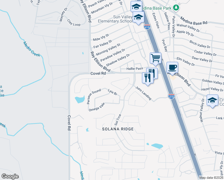 map of restaurants, bars, coffee shops, grocery stores, and more near 7326 Lyia Branch in San Antonio