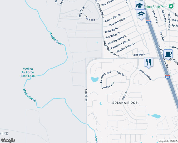 map of restaurants, bars, coffee shops, grocery stores, and more near 7647 Hercules Point in San Antonio