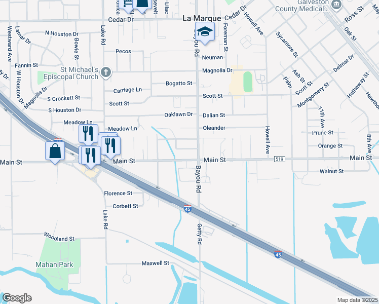 map of restaurants, bars, coffee shops, grocery stores, and more near 1906 Main Street in La Marque