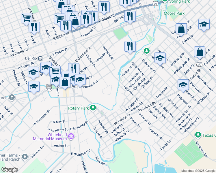 map of restaurants, bars, coffee shops, grocery stores, and more near 611 Pulliam Street in Del Rio