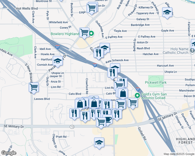 map of restaurants, bars, coffee shops, grocery stores, and more near 3239 Linn Road in San Antonio