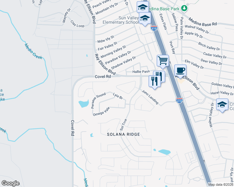 map of restaurants, bars, coffee shops, grocery stores, and more near 7326 Lyia Branch in San Antonio