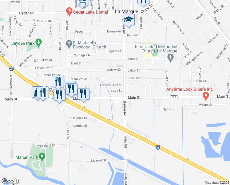 map of restaurants, bars, coffee shops, grocery stores, and more near 1913 Little Street in La Marque
